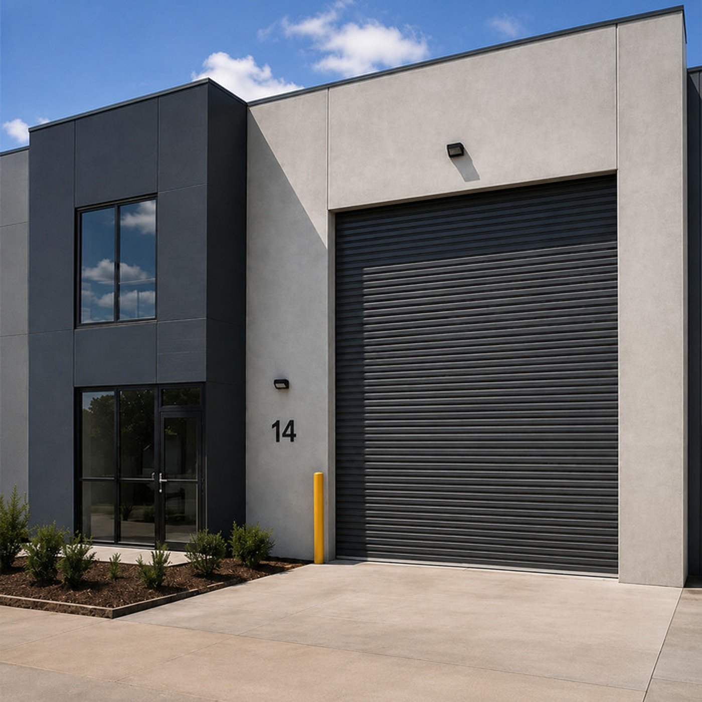 Modern light industrial warehouse unit with grey facade, glass entrance, and large roller door numbered 14